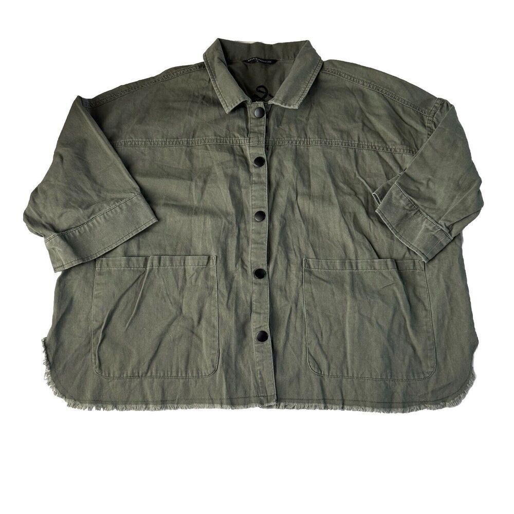 Rock & Republic Olive Green Short Sleeve Snap Button Crop Jacket Embroidered L